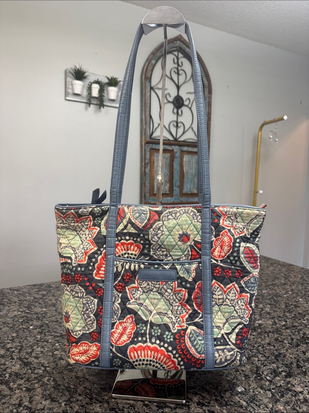 Vera Bradley Quilted Floral Tote in Gray, Red and Cream